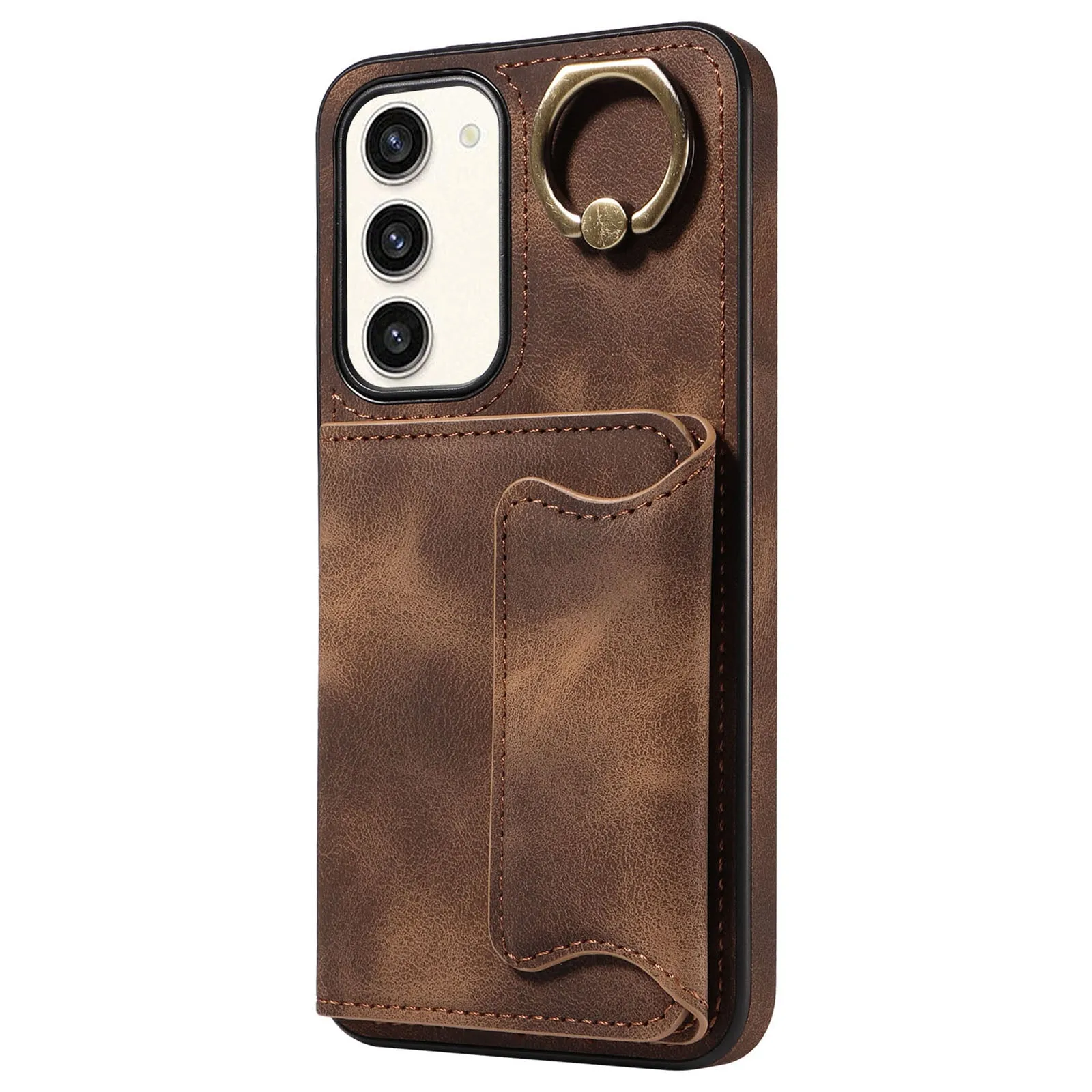 001 For Samsung Galaxy S23  Card Holder Back Cover Ring Kickstand PU Leather Coated TPU Phone Case