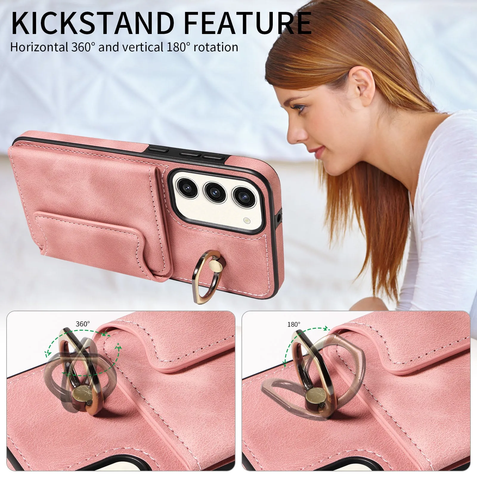 001 For Samsung Galaxy S23  Card Holder Back Cover Ring Kickstand PU Leather Coated TPU Phone Case