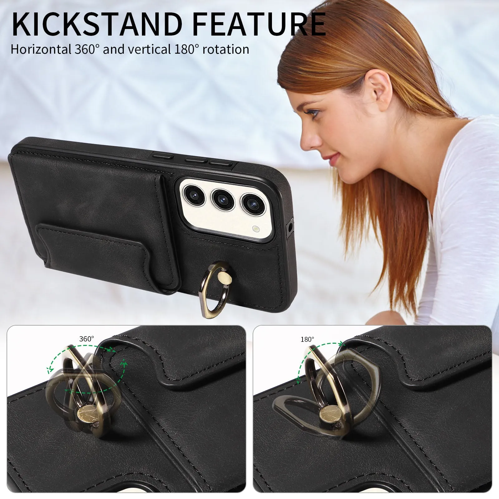 001 For Samsung Galaxy S23  Card Holder Back Cover Ring Kickstand PU Leather Coated TPU Phone Case