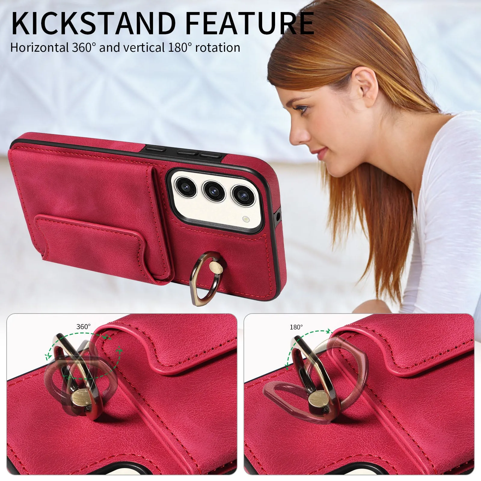 001 For Samsung Galaxy S23  Card Holder Back Cover Ring Kickstand PU Leather Coated TPU Phone Case