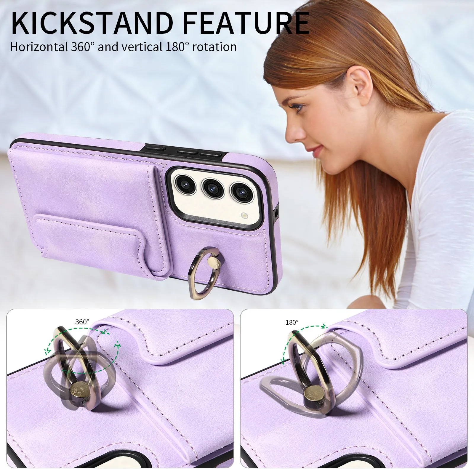 001 For Samsung Galaxy S23  Card Holder Back Cover Ring Kickstand PU Leather Coated TPU Phone Case