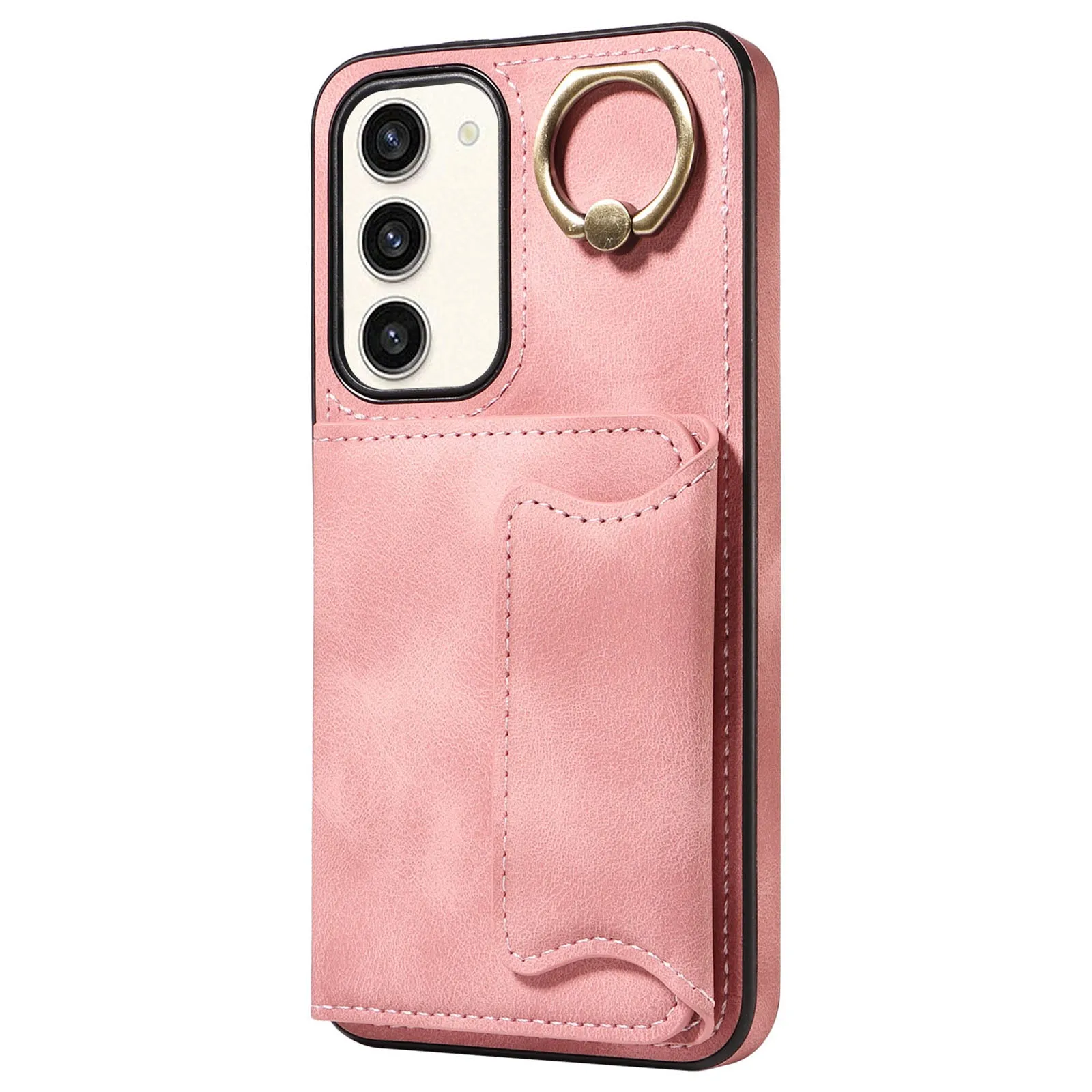 001 For Samsung Galaxy S23  Card Holder Back Cover Ring Kickstand PU Leather Coated TPU Phone Case