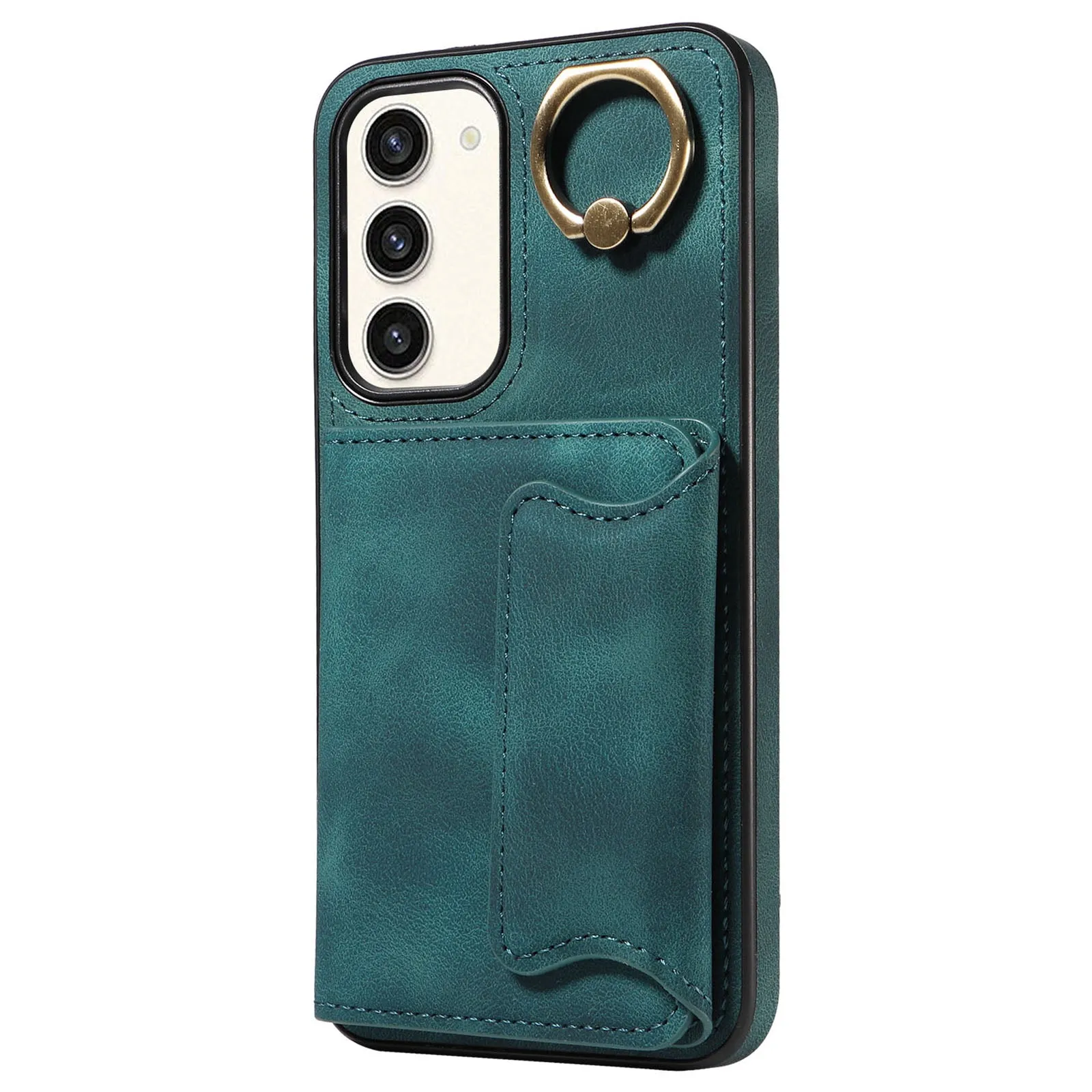 001 For Samsung Galaxy S23  Card Holder Back Cover Ring Kickstand PU Leather Coated TPU Phone Case