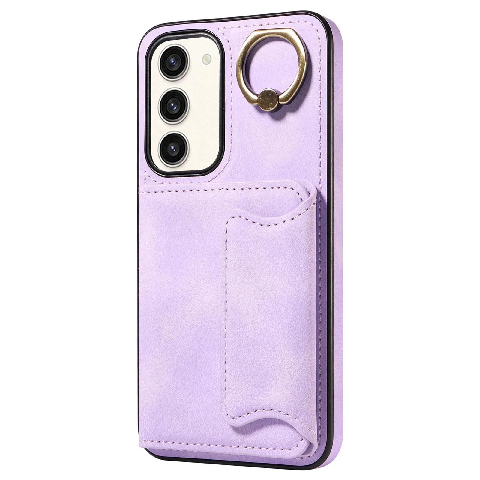 001 For Samsung Galaxy S23  Card Holder Back Cover Ring Kickstand PU Leather Coated TPU Phone Case