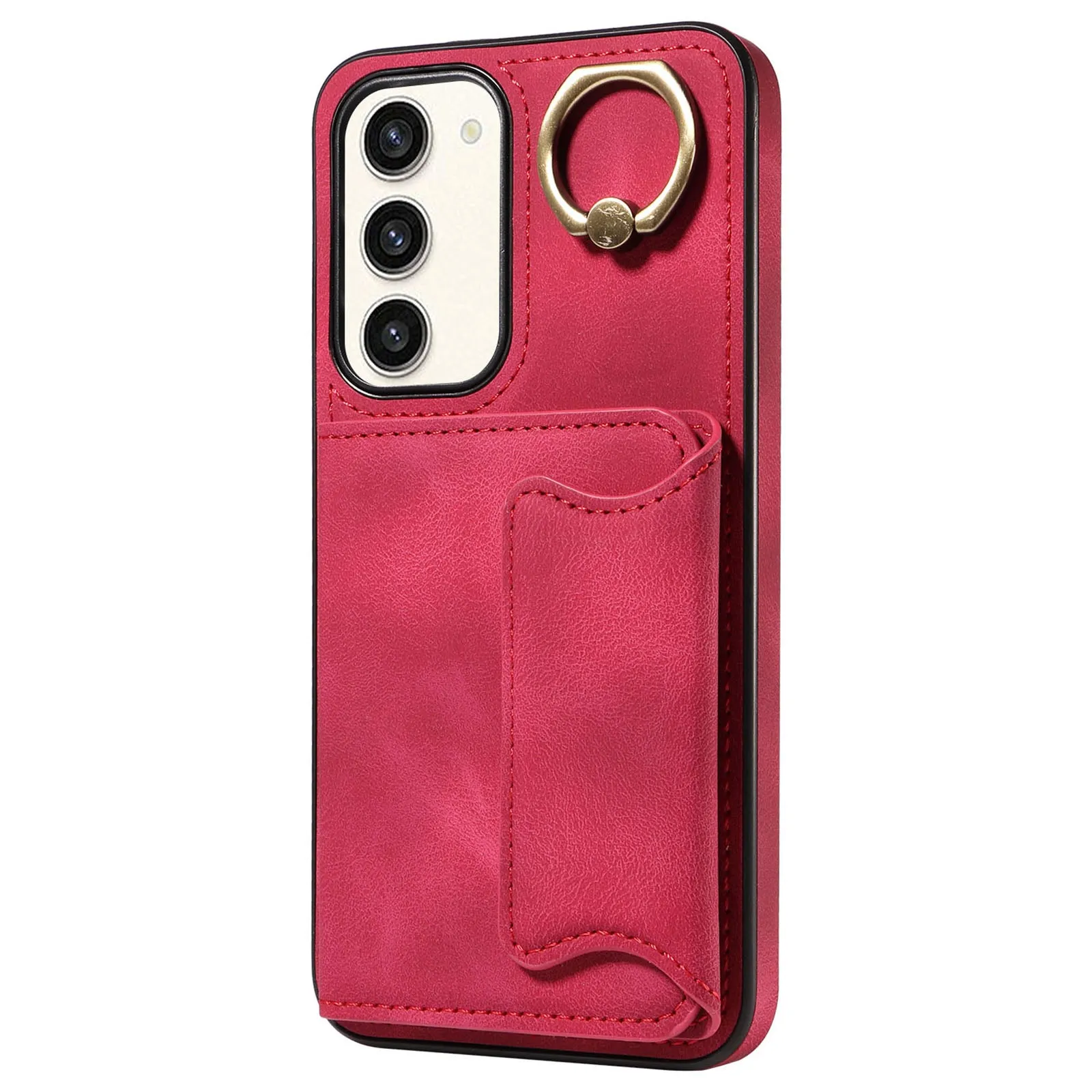 001 For Samsung Galaxy S23  Card Holder Back Cover Ring Kickstand PU Leather Coated TPU Phone Case