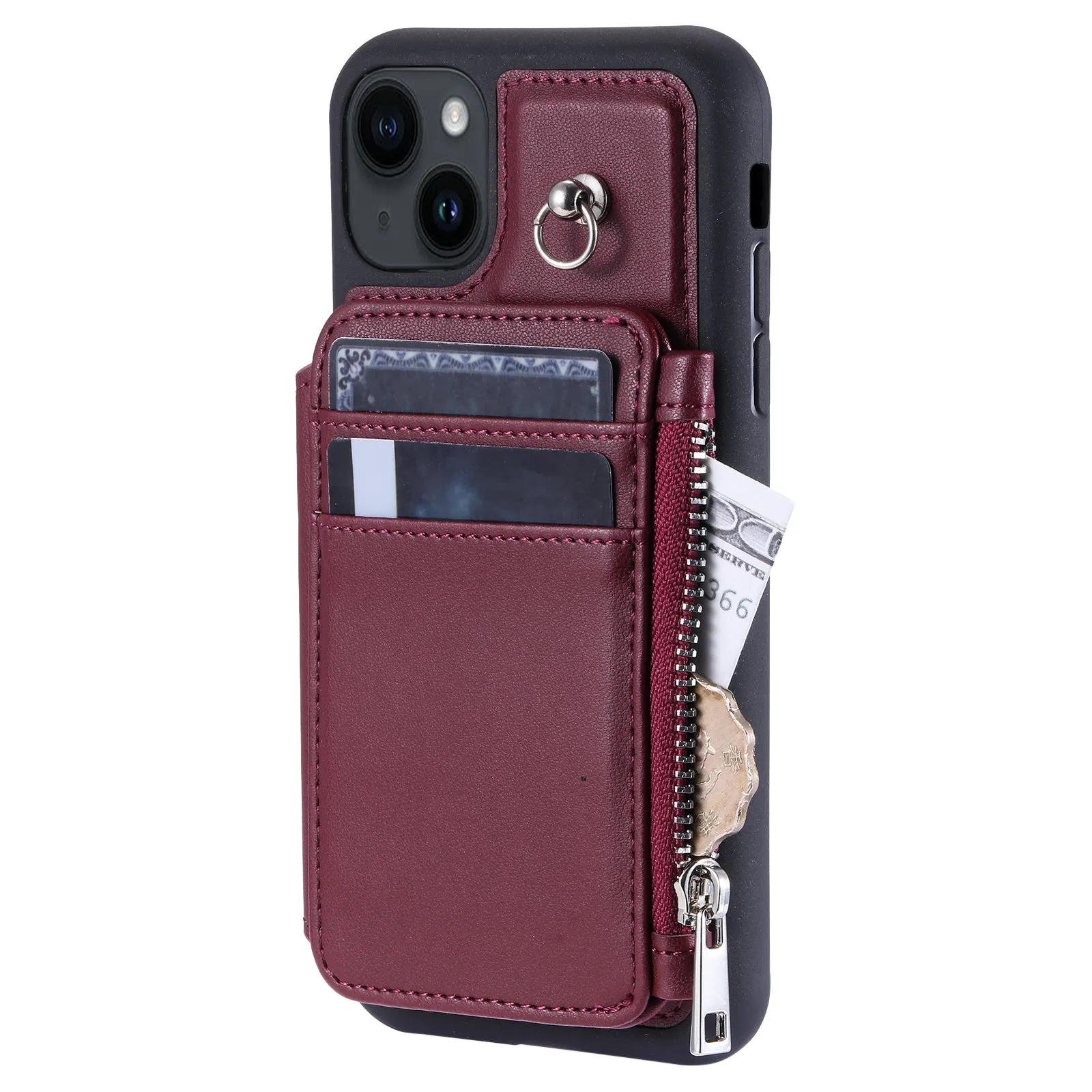 009 For iPhone 15 Kickstand Phone Cover RFID Blocking PU TPU Zipper Wallet Phone Case with Straps