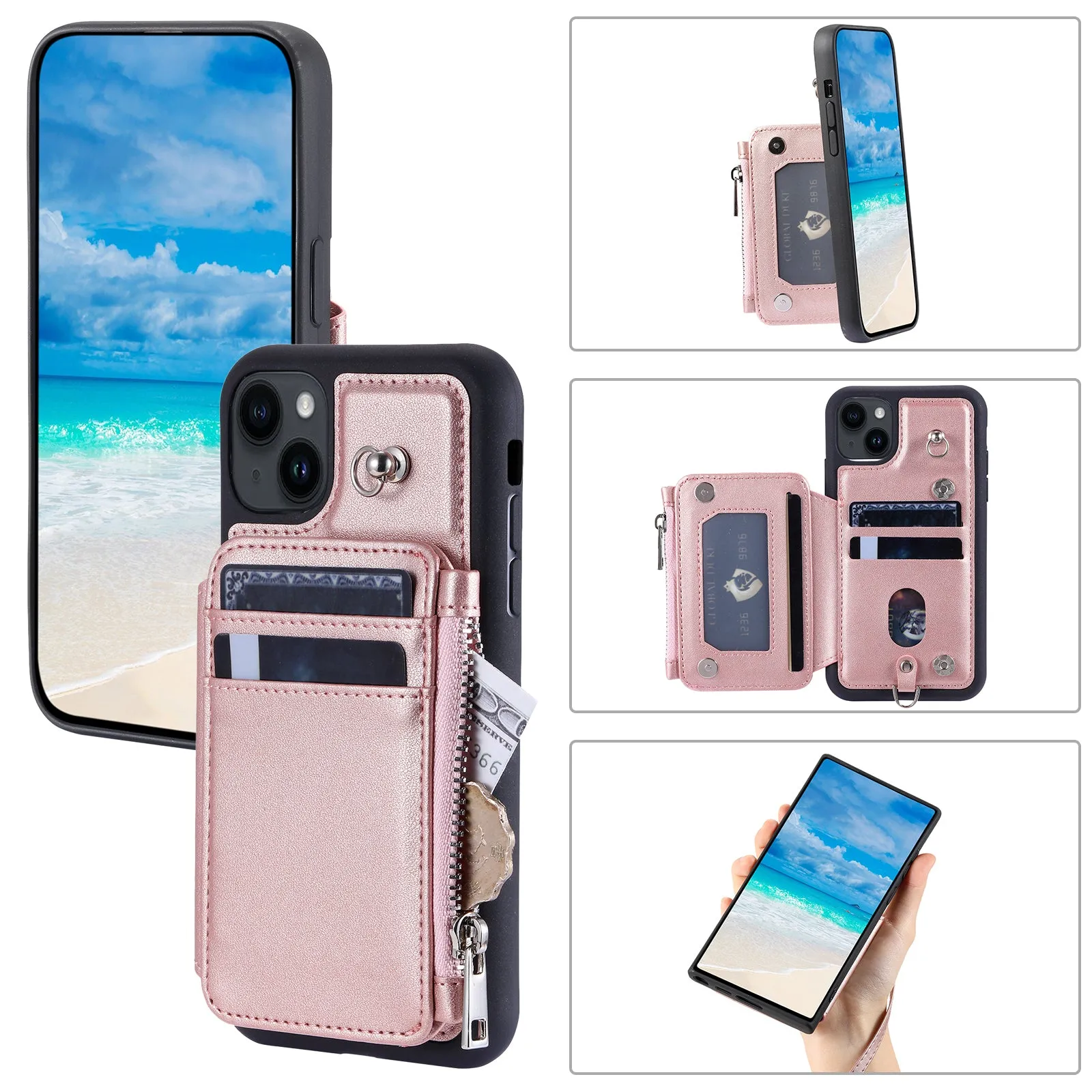 009 For iPhone 15 Kickstand Phone Cover RFID Blocking PU TPU Zipper Wallet Phone Case with Straps