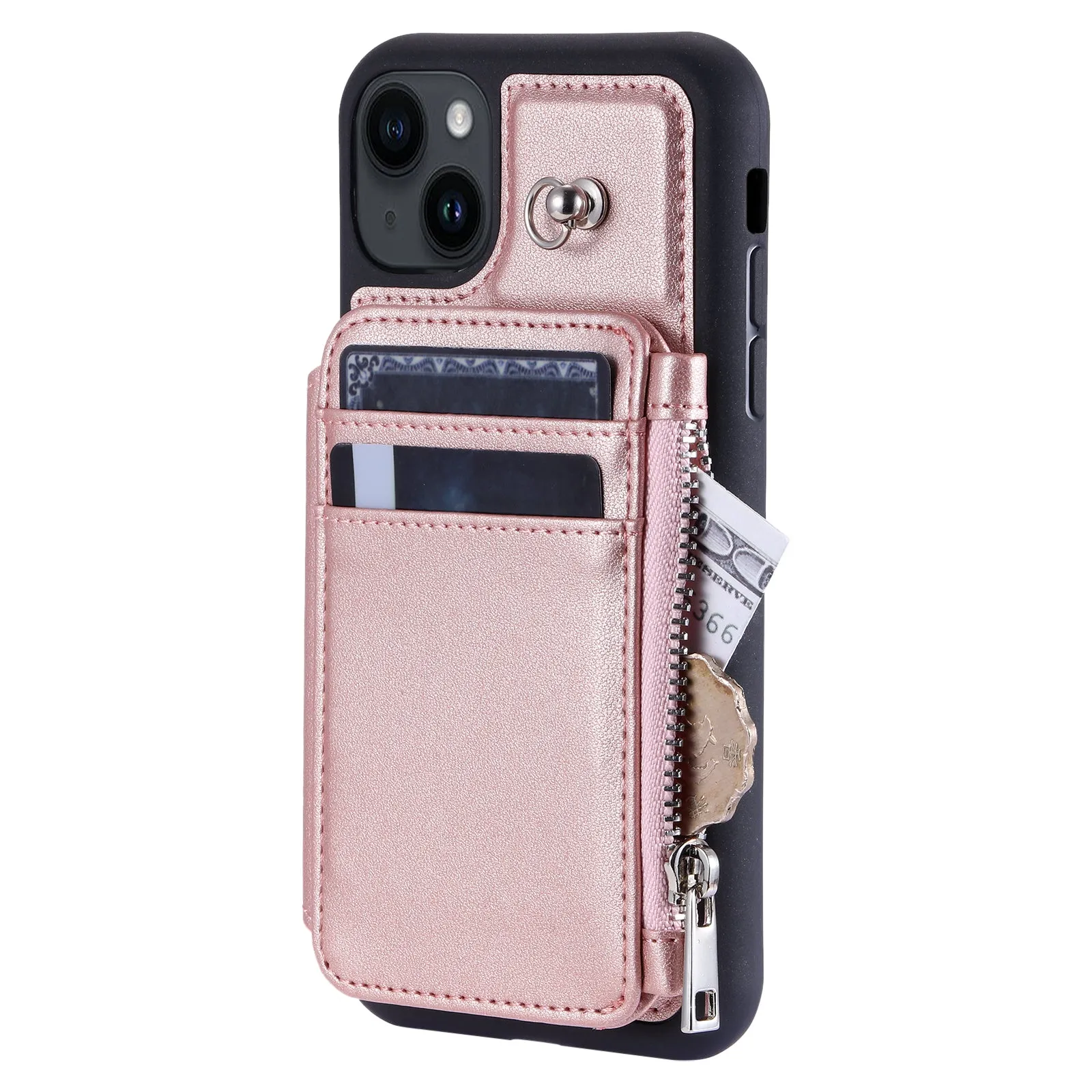 009 For iPhone 15 Kickstand Phone Cover RFID Blocking PU TPU Zipper Wallet Phone Case with Straps