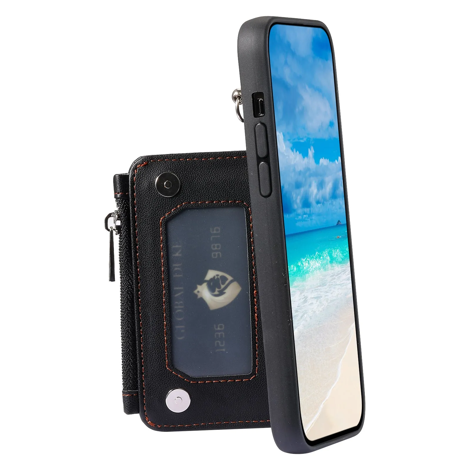 009 For iPhone 15 Kickstand Phone Cover RFID Blocking PU TPU Zipper Wallet Phone Case with Straps