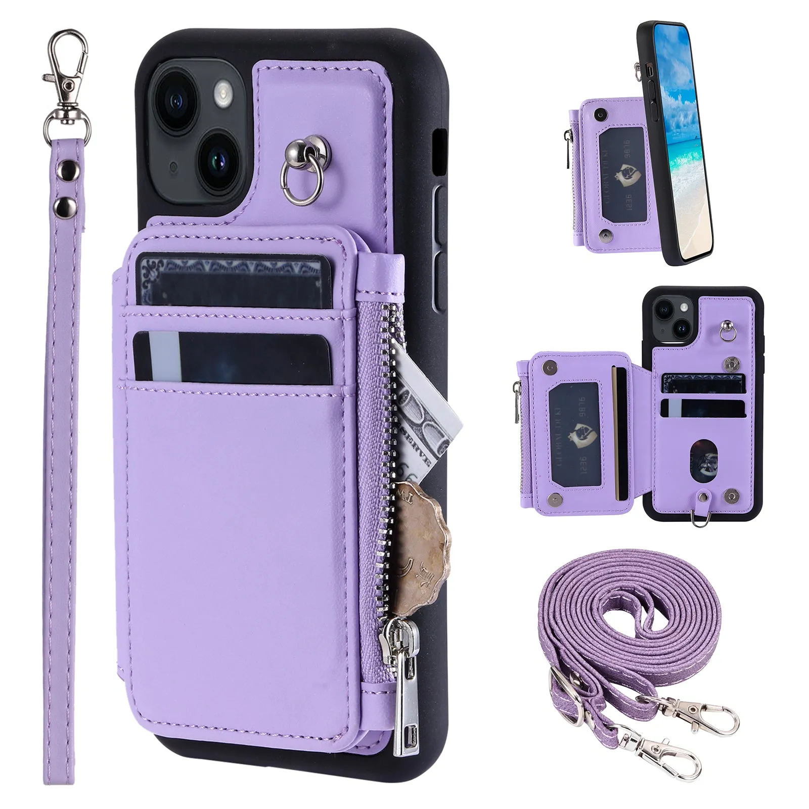 009 For iPhone 15 Kickstand Phone Cover RFID Blocking PU TPU Zipper Wallet Phone Case with Straps