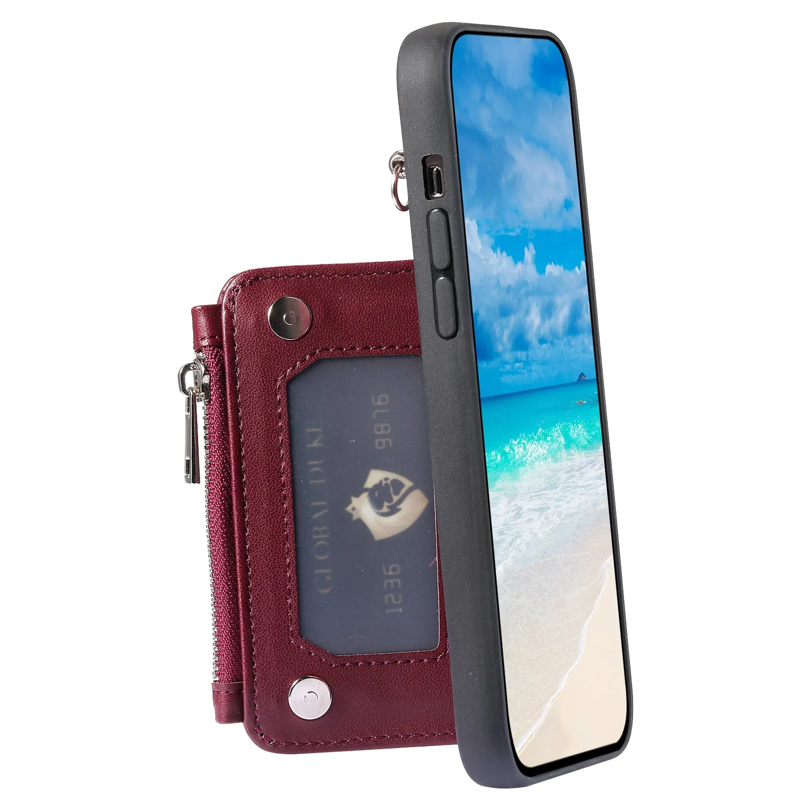 009 For iPhone 15 Kickstand Phone Cover RFID Blocking PU TPU Zipper Wallet Phone Case with Straps