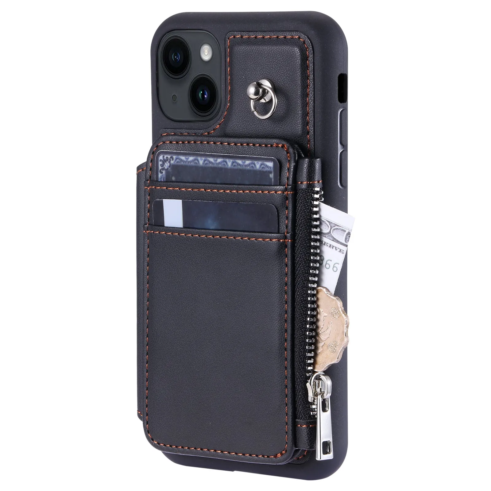 009 For iPhone 15 Kickstand Phone Cover RFID Blocking PU TPU Zipper Wallet Phone Case with Straps