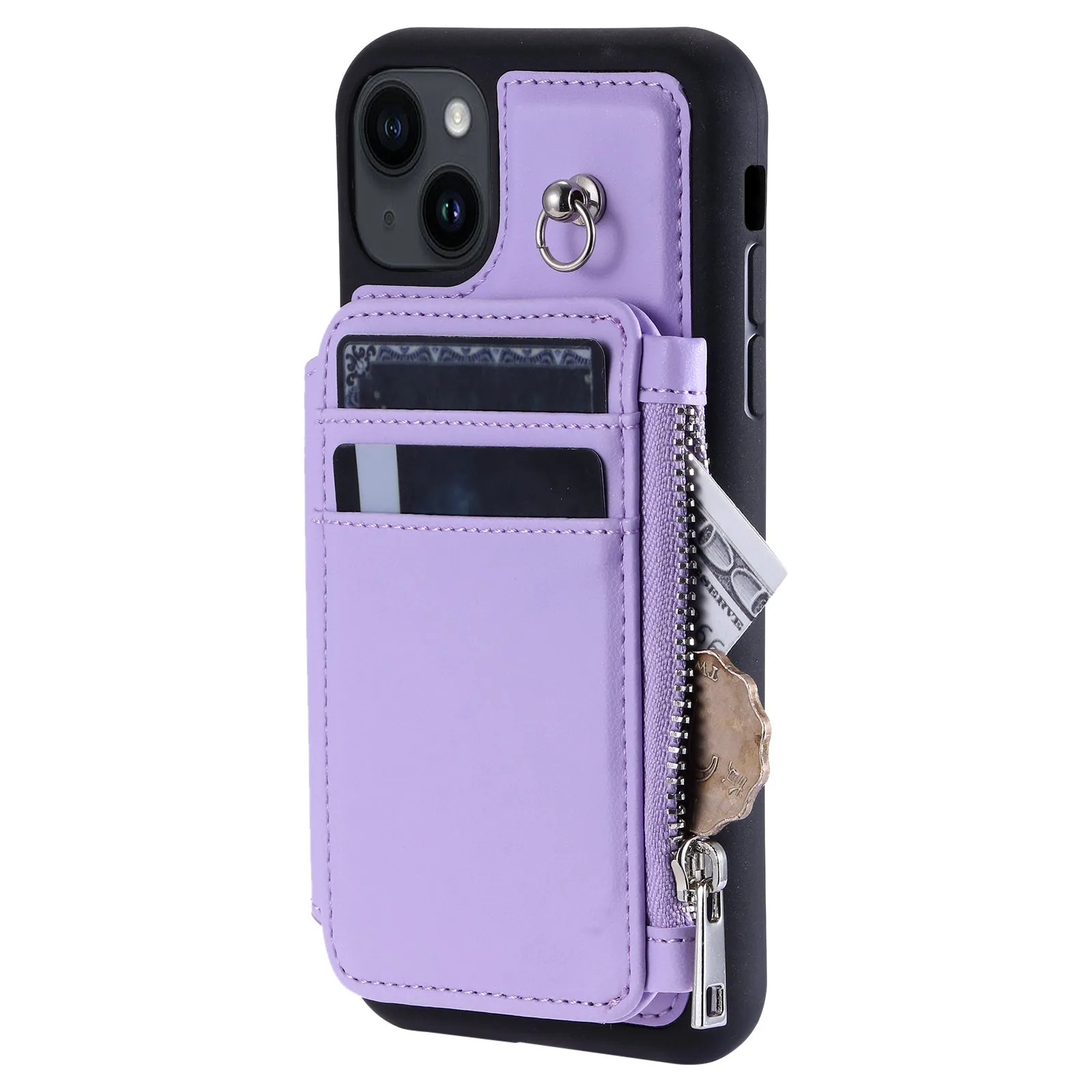 009 For iPhone 15 Kickstand Phone Cover RFID Blocking PU TPU Zipper Wallet Phone Case with Straps