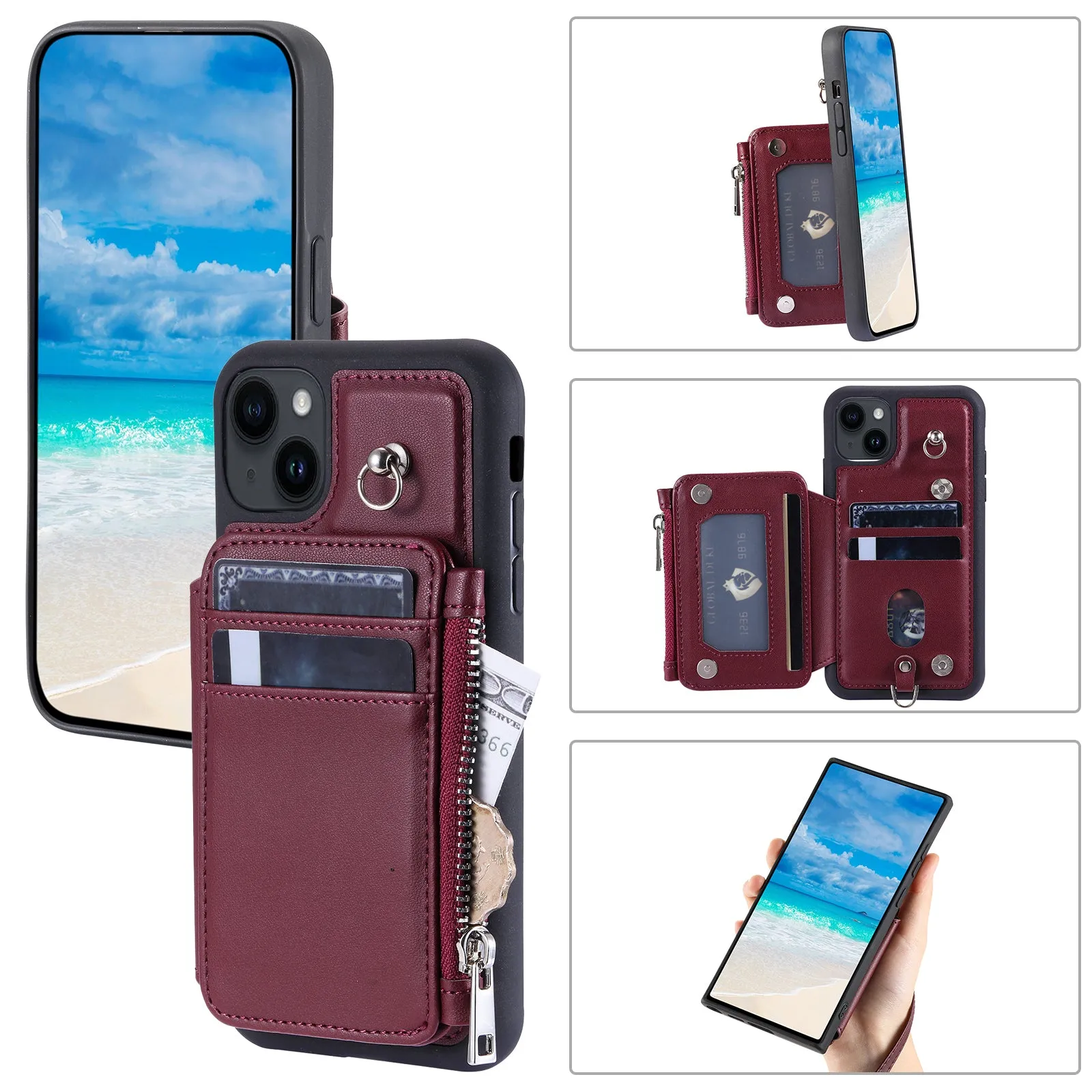 009 For iPhone 15 Kickstand Phone Cover RFID Blocking PU TPU Zipper Wallet Phone Case with Straps