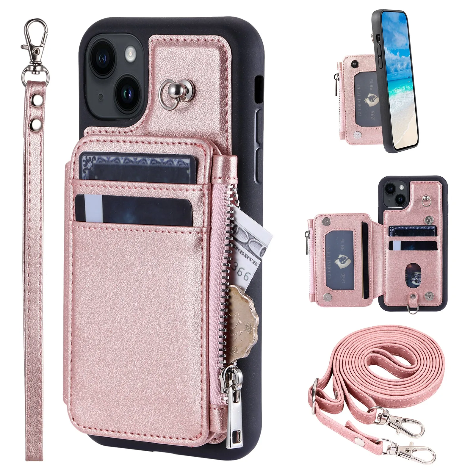 009 For iPhone 15 Kickstand Phone Cover RFID Blocking PU TPU Zipper Wallet Phone Case with Straps