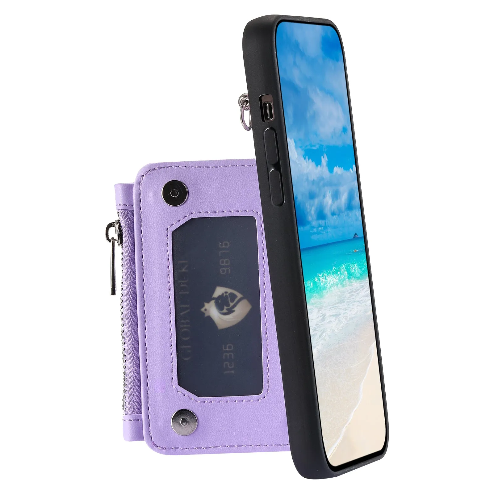 009 For iPhone 15 Kickstand Phone Cover RFID Blocking PU TPU Zipper Wallet Phone Case with Straps