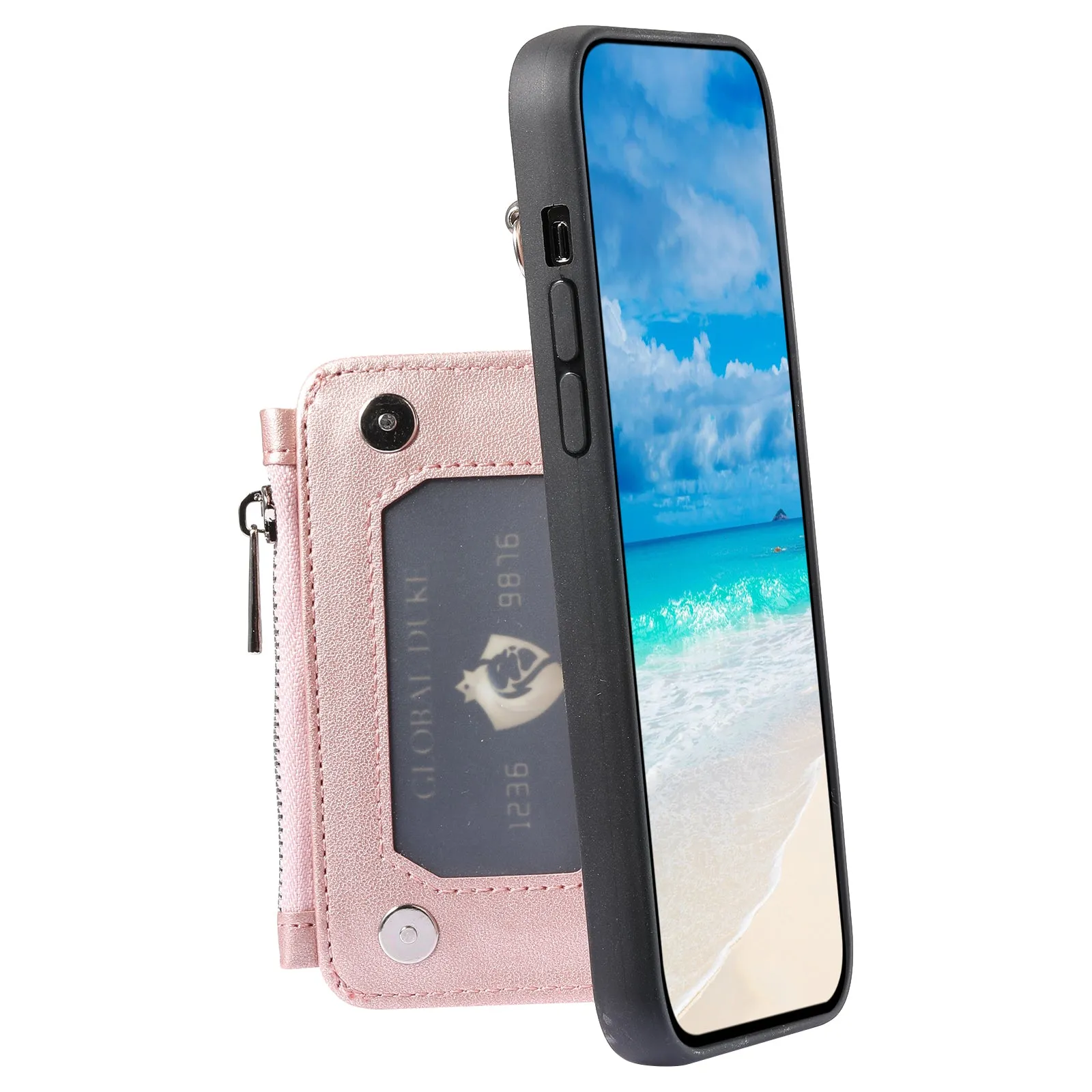 009 For iPhone 15 Kickstand Phone Cover RFID Blocking PU TPU Zipper Wallet Phone Case with Straps