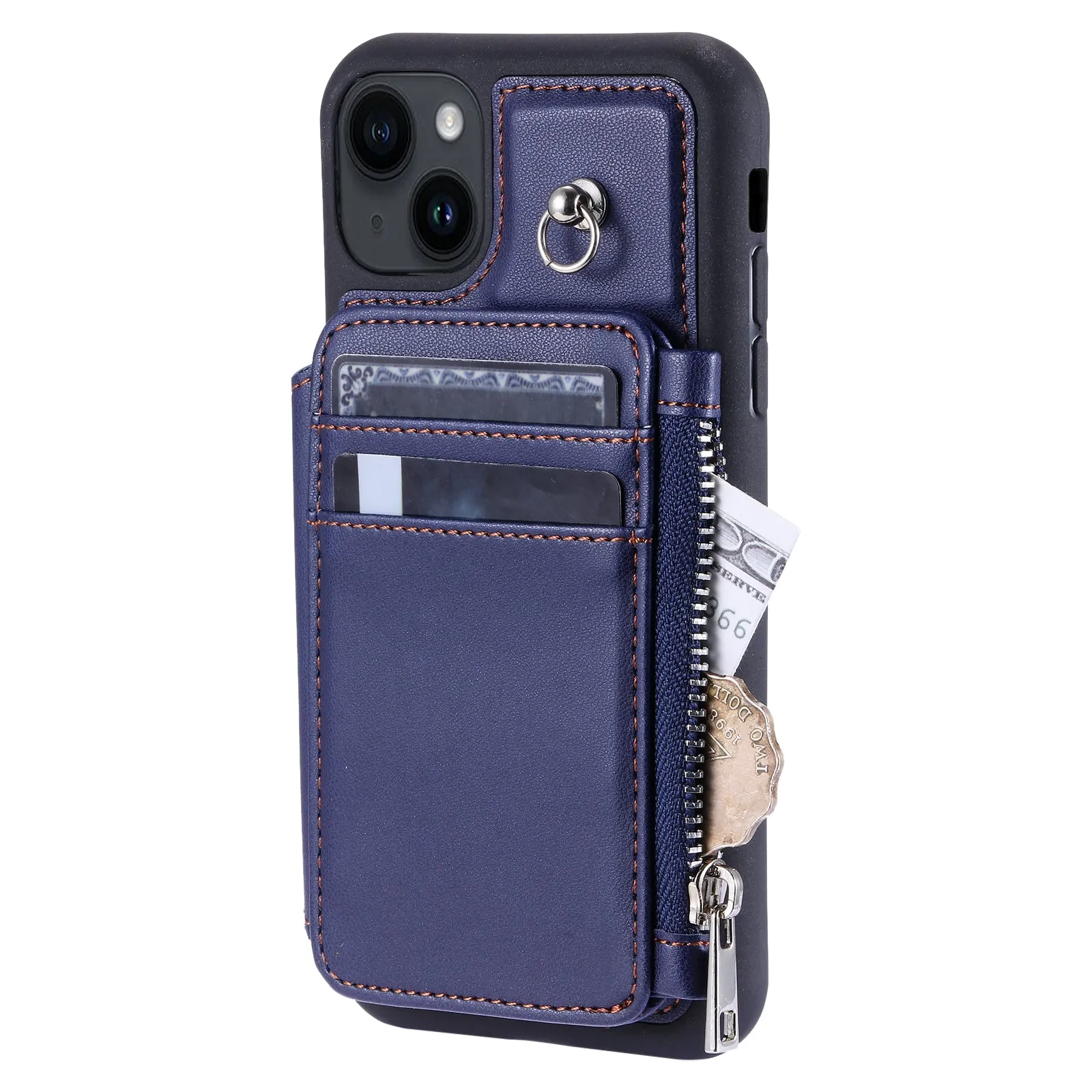 009 For iPhone 15 Kickstand Phone Cover RFID Blocking PU TPU Zipper Wallet Phone Case with Straps