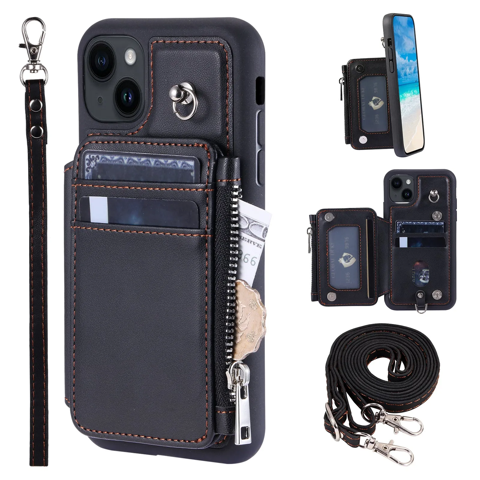 009 For iPhone 15 Kickstand Phone Cover RFID Blocking PU TPU Zipper Wallet Phone Case with Straps