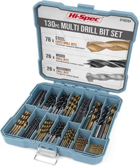 130pc SAE Multi Drill Bit Set. HSS Titanium, Masonry & Brad Point Steel Bits from 1/16in to 3/8in Sizes