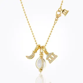 18K Classic Charm Necklace featuring temple, crescent moon and rock crystal amulet charms with diamond pavé on 18" ball chain