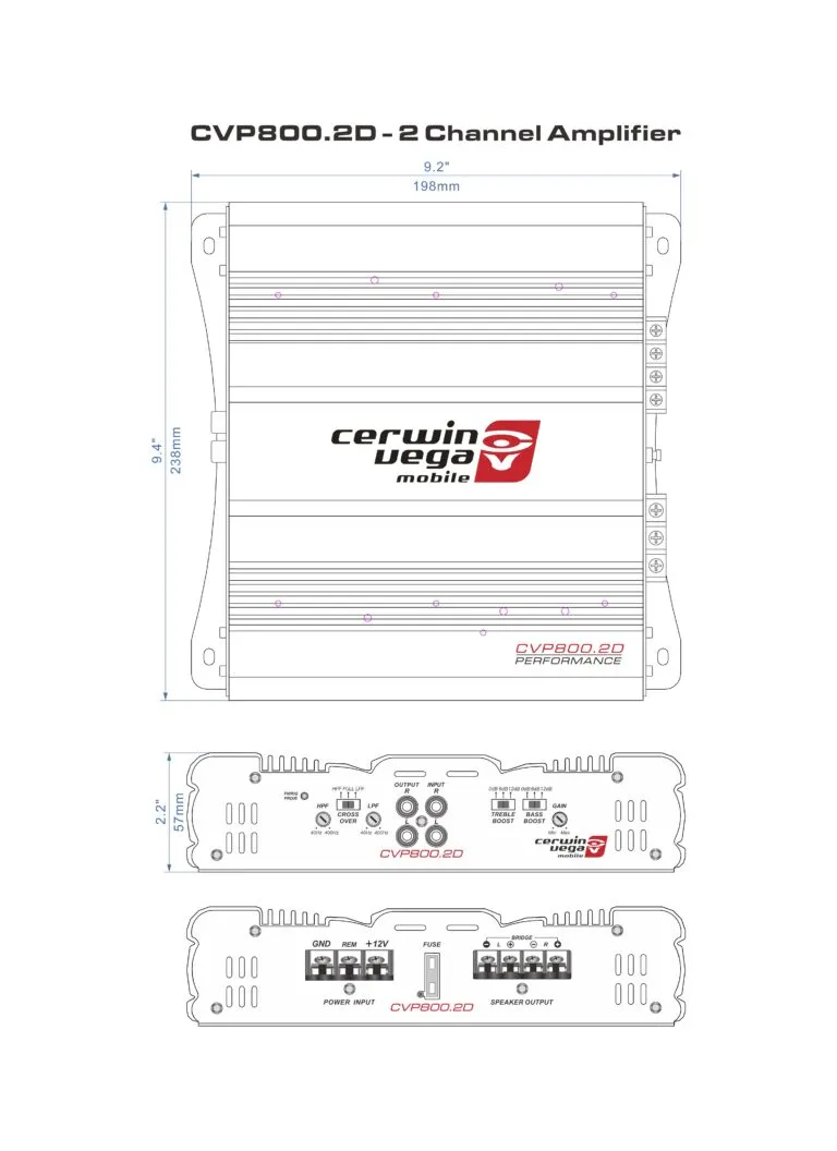 2 Channel Bridgeable Class AB Amplifier with Bass Control Knob - CVP800.2D