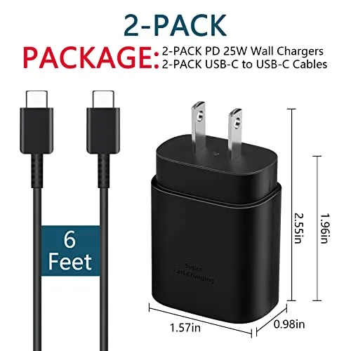 2 Pack USB C Charger, 25W Type C Charger Fast Charging with USB C to C Charger Cable 6FT Android Phone Charger for Galaxy S24 Ultra/S23 /S22/S21/S20/Phone 15/15 Plus/15 Pro Max