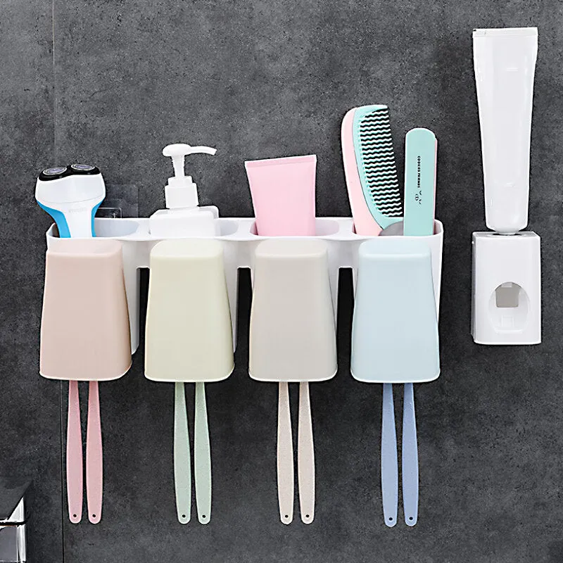 2/3/4 Cups Suction Wall Mount Toothbrush Holder   Toothpaste Dispenser