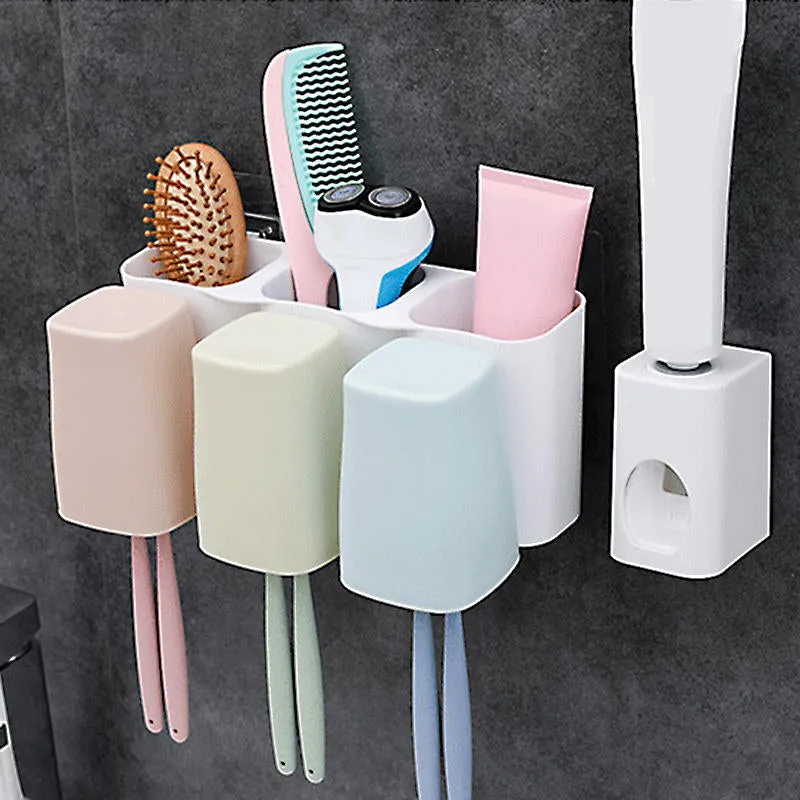 2/3/4 Cups Suction Wall Mount Toothbrush Holder   Toothpaste Dispenser