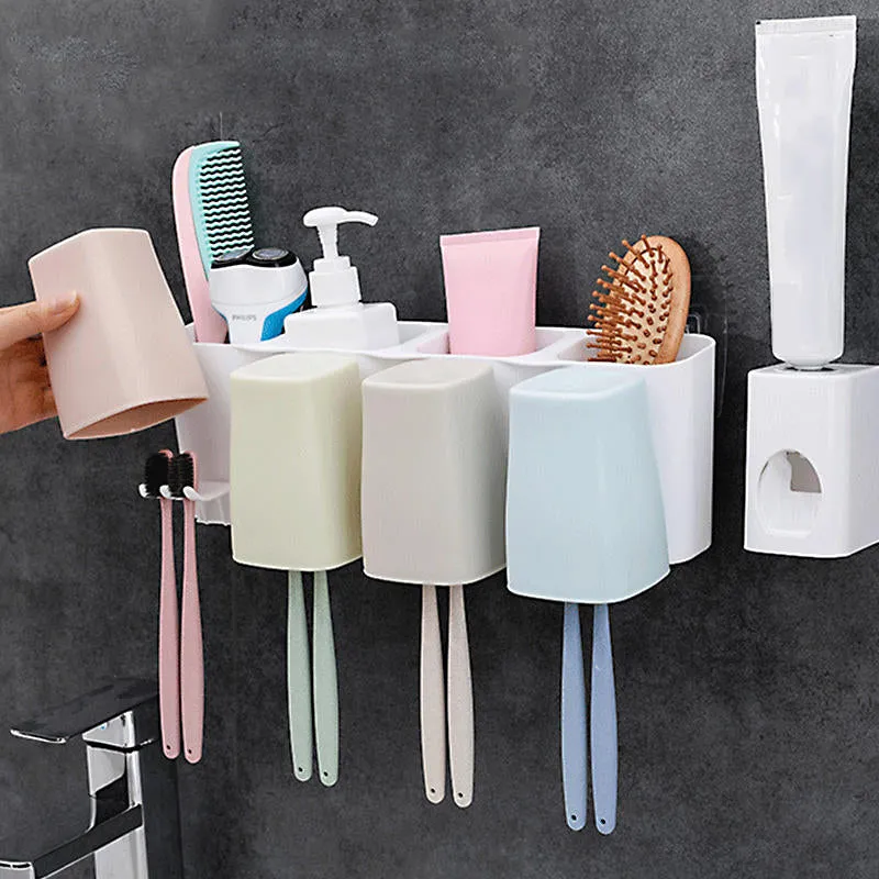 2/3/4 Cups Suction Wall Mount Toothbrush Holder   Toothpaste Dispenser