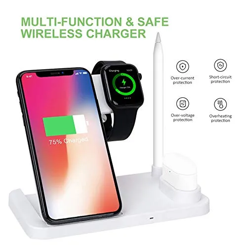 4 in 1 Wireless Charging Station for Apple Pencil 1/2, Multiple Device Fast Charger Stand for Apple Watch 4/3/2/1/ 11 Series/XS MAX/XR/XS/X/8/8 Plus