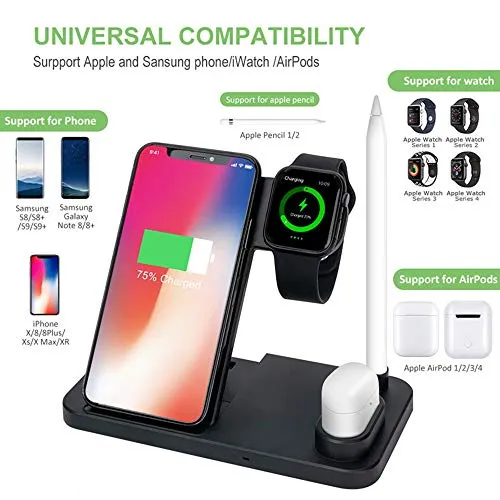 4 in 1 Wireless Charging Station for Apple Pencil 1/2, Multiple Device Fast Charger Stand for Apple Watch 4/3/2/1/ 11 Series/XS MAX/XR/XS/X/8/8 Plus