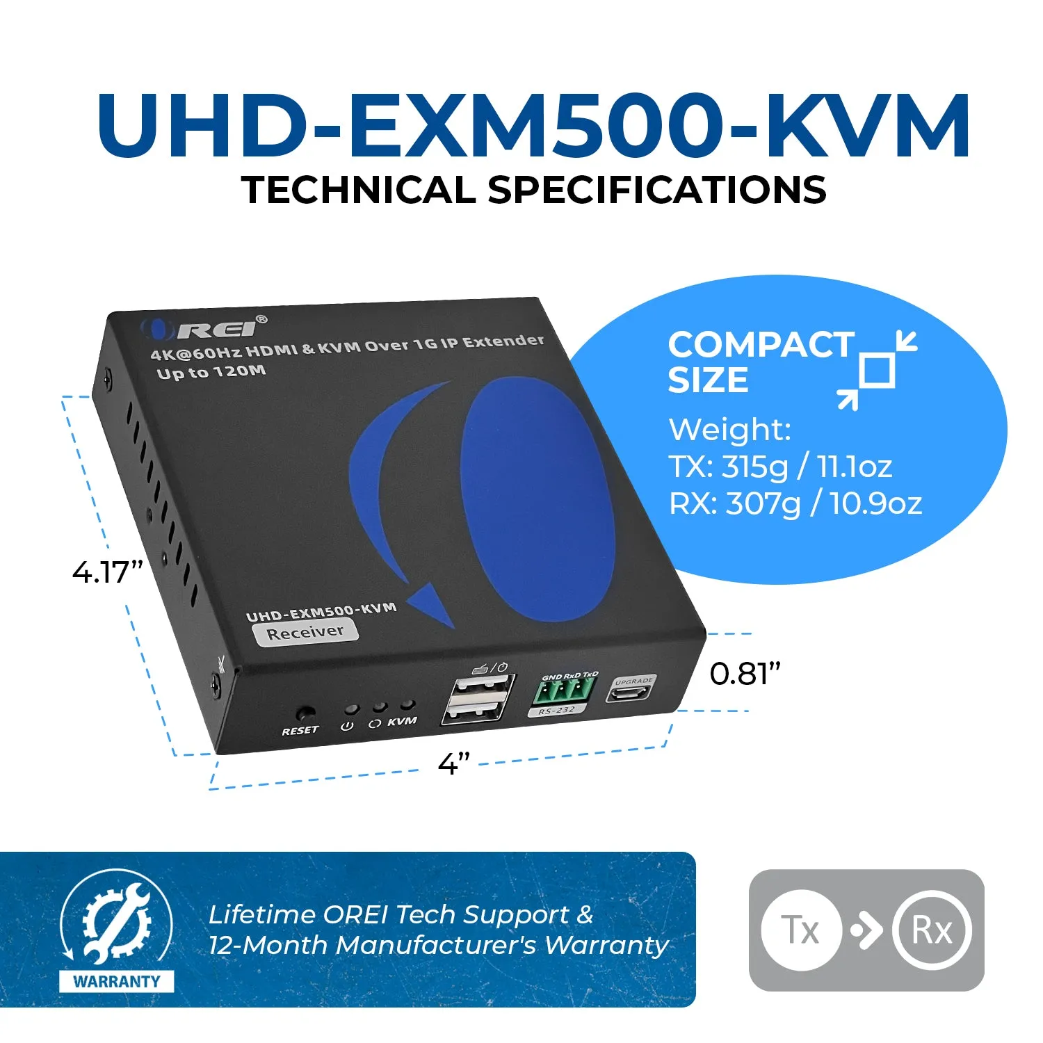 4K Over IP KVM Extender Up To 500 Feet- With RS-232 (UHD-EXM500-KVM)