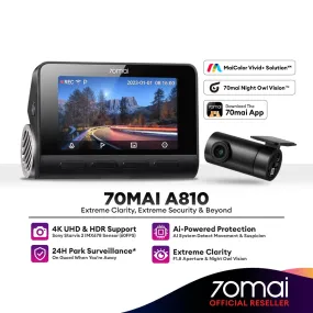 70mai A810 Car Recorder Dash Cam 4K UHD with Sony Starvis 2 IMX678 Support Dual Channel Recording (Front   Rear) & HDR