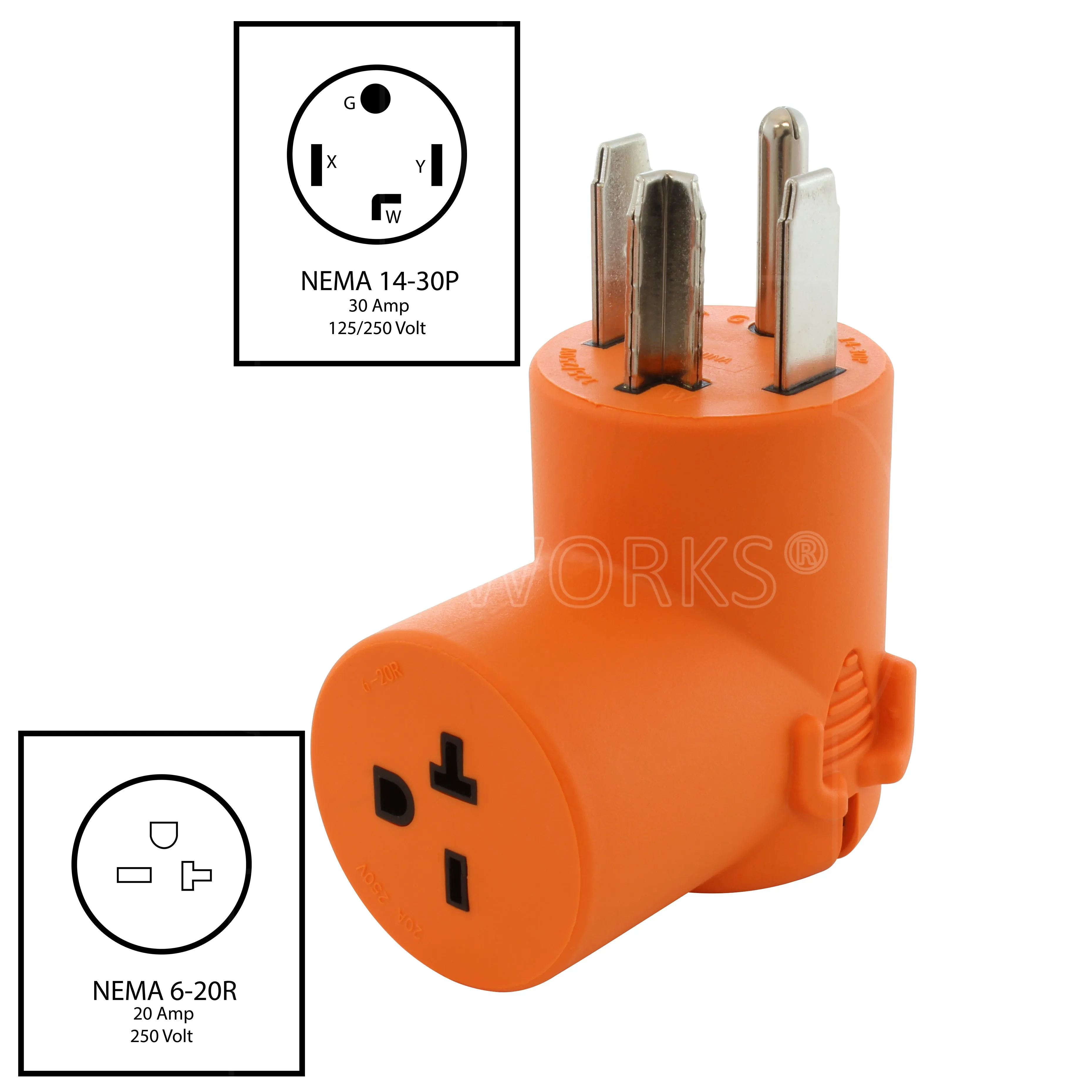 AC WORKS® [AD1430620] NEMA 14-30P 30A 4-Prong Dryer Plug to NEMA 6-20R 15/20A 250V T-Blade Connector