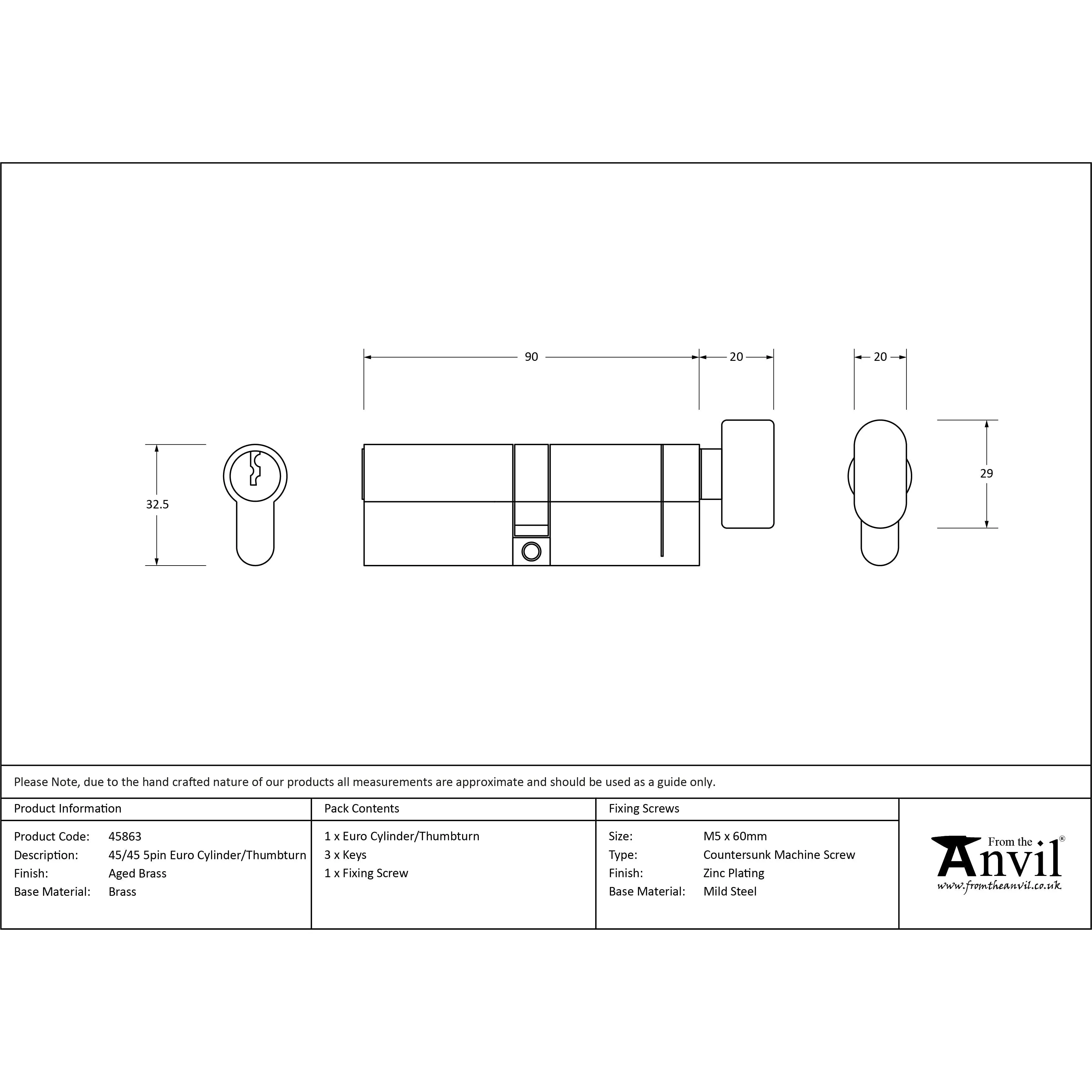 Aged Brass 45/45 5pin Euro Cylinder/Thumbturn | From The Anvil