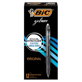 BIC Gelocity Original Black Gel Pens, Medium Point (0.7mm), 12 Pack, Retractable with Comfort Grip (RLC11)