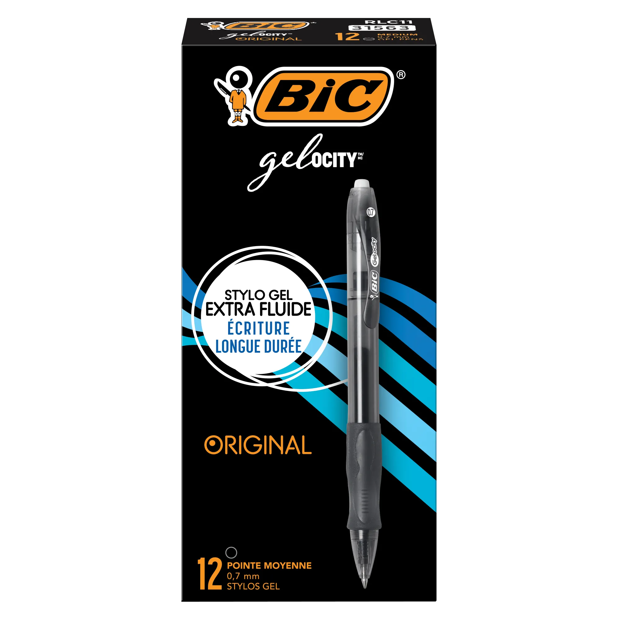 BIC Gelocity Original Black Gel Pens, Medium Point (0.7mm), 12 Pack, Retractable with Comfort Grip (RLC11)