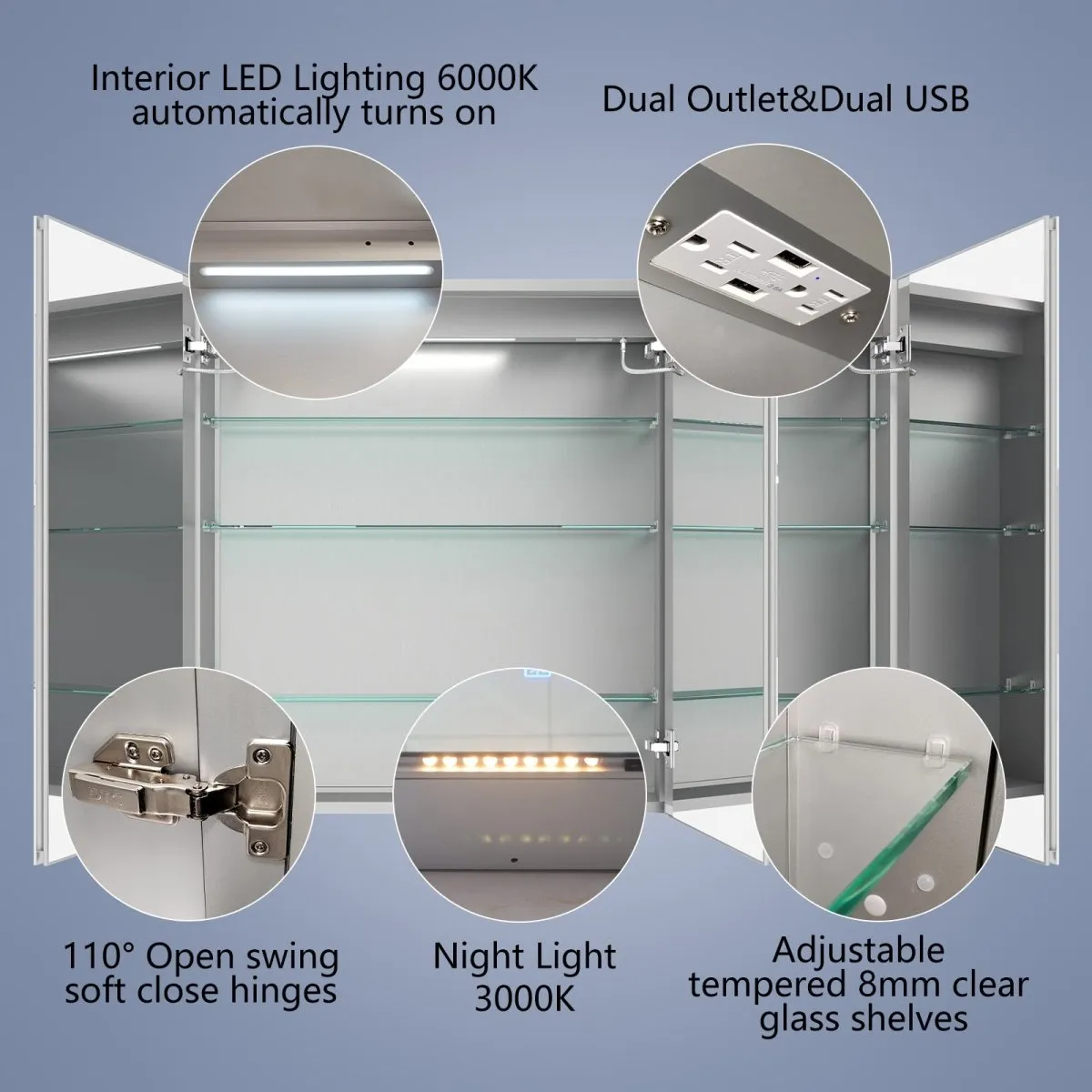 Boost-M2 48" W x 32" H LED Lighted Bathroom Medicine Cabinet with Mirror Recessed or Surface led Medicine Cabinet