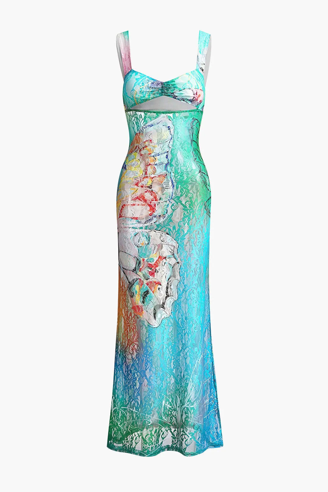 Butterfly Print Cut Out Mesh Strap Maxi Dress