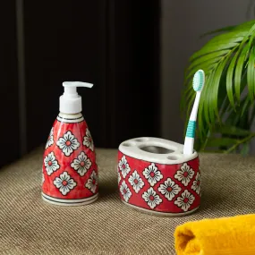 'Crimson Lily' Hand-painted Bathroom Accessory Set In Ceramic (Liquid Soap Dispenser, Toothbrush Holder)