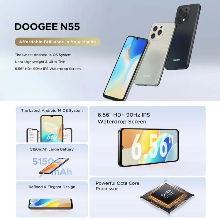 DOOGEE N55 - 6.56" Android 14 Smartphone with Octa-Core Processor, 4G Connectivity