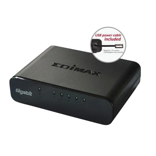 EDIMAX 5 Port 10/100/1000 Gigabit Desktop Switch. Full Duplex. High-Speed Networking and Jumbo Frames. Perfect Solution for Home and Small Business. Includes 5V 1A Power Supply.