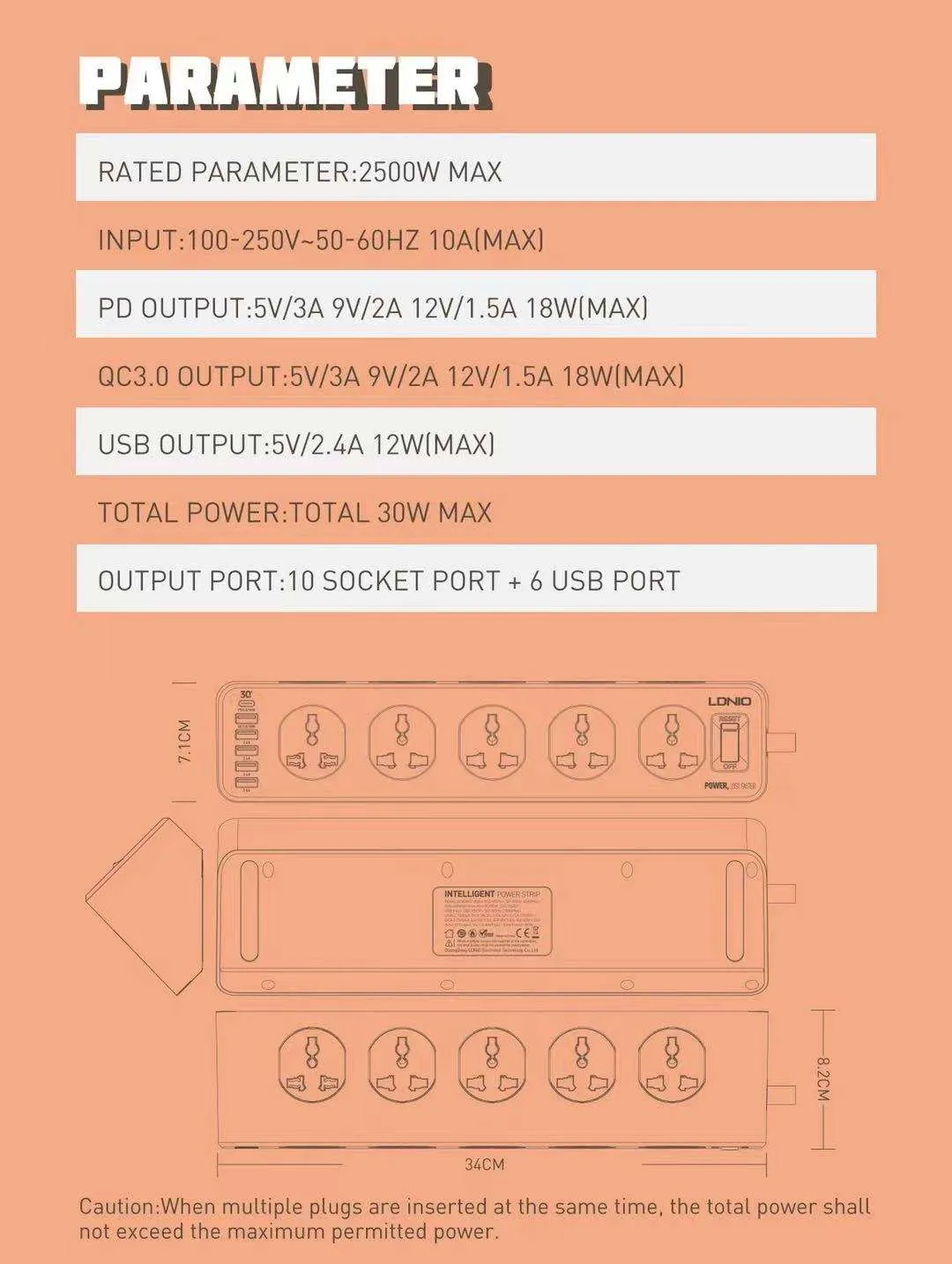 LDNIO SC10610 | 2500W PD & QC3.0 Power Socket  | With 32W Type-C & USB Ports