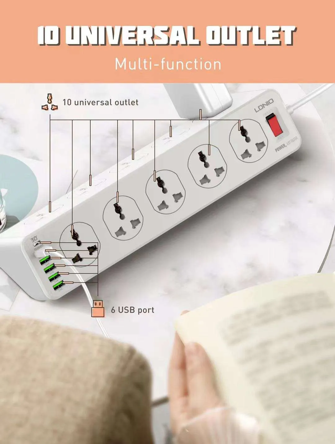 LDNIO SC10610 | 2500W PD & QC3.0 Power Socket  | With 32W Type-C & USB Ports