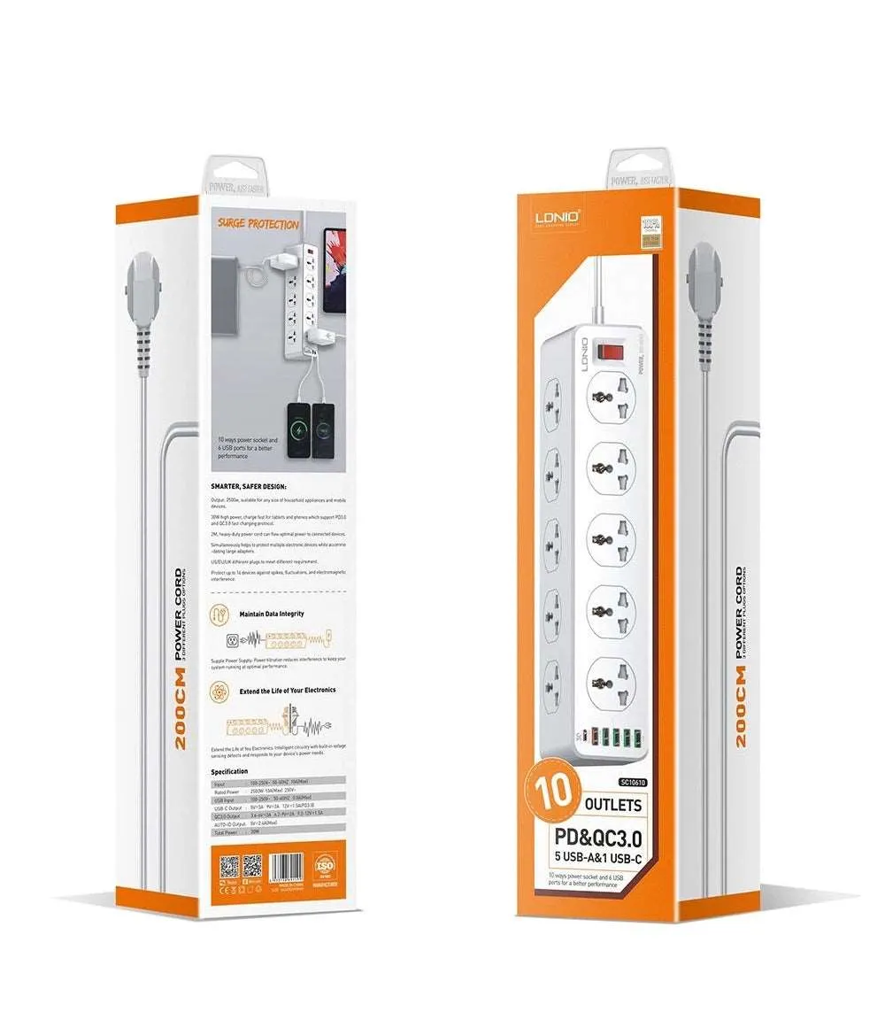 LDNIO SC10610 | 2500W PD & QC3.0 Power Socket  | With 32W Type-C & USB Ports