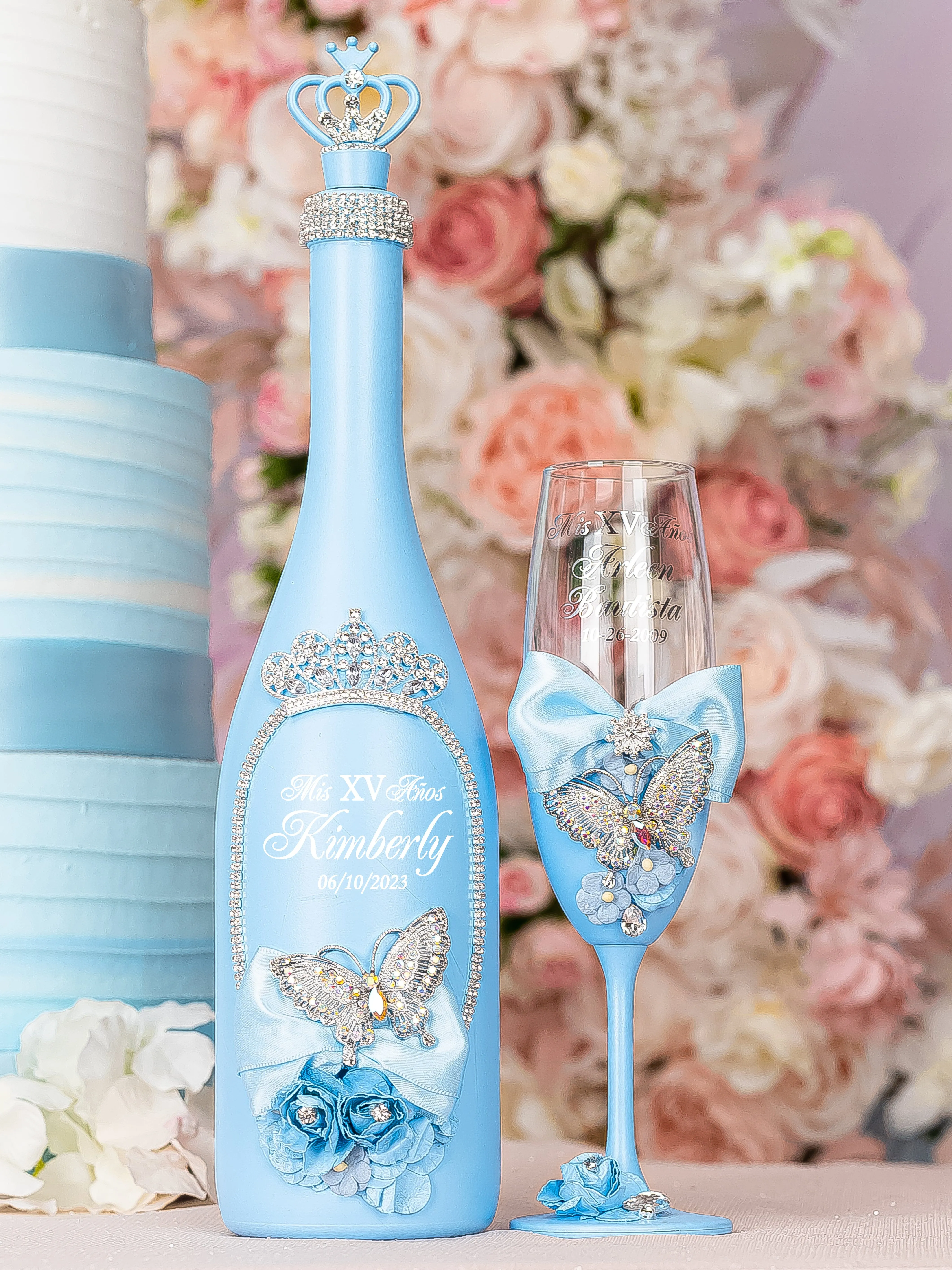 Light blue with butterflies Quinceanera cake knife set with 1 glass