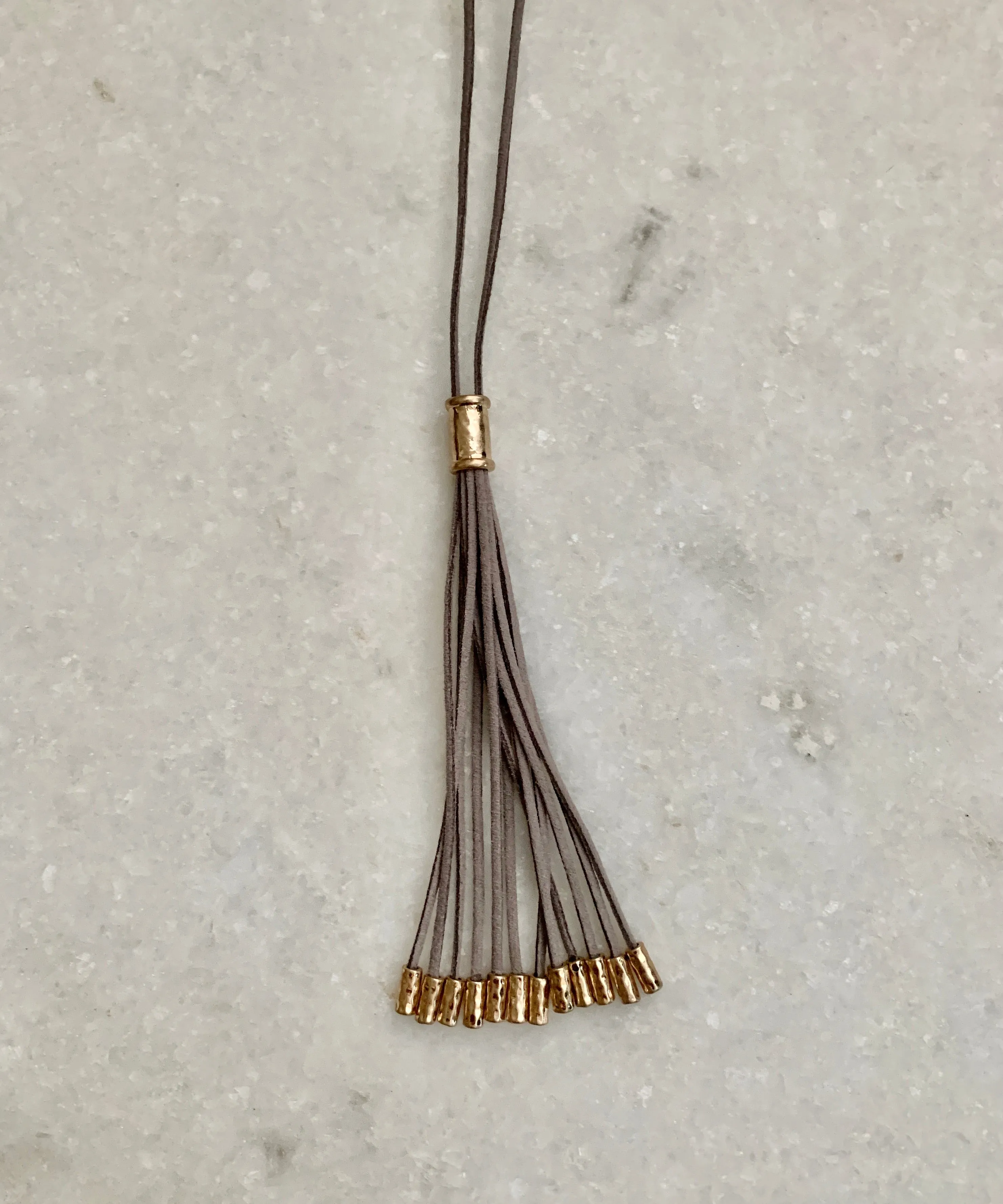 Long Suede Tassel Necklace w/Metal Tips