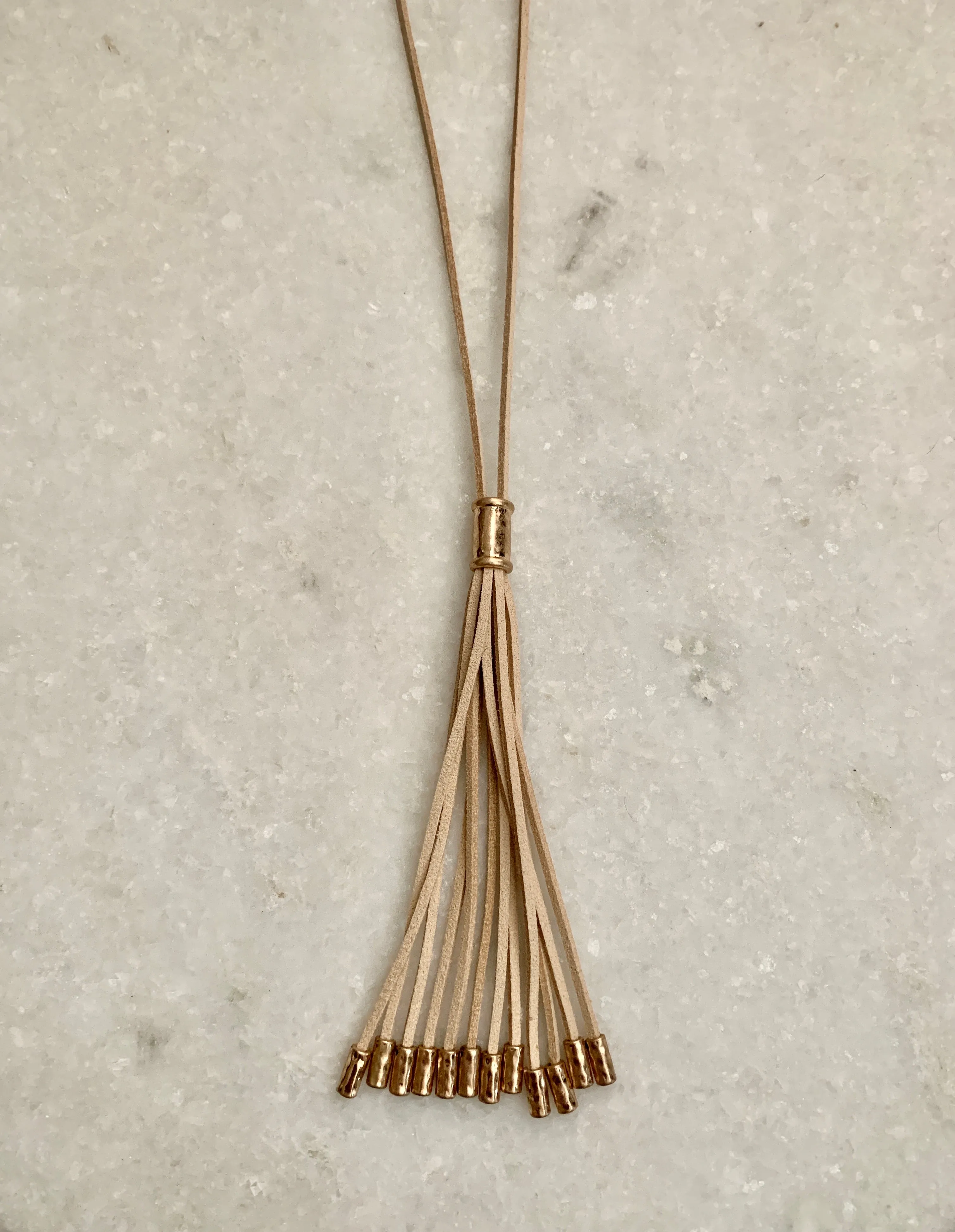 Long Suede Tassel Necklace w/Metal Tips