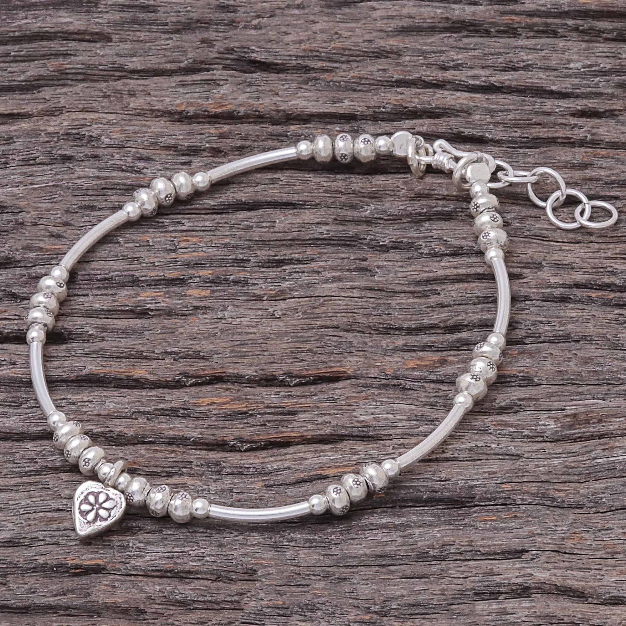 Love Hill Tribe Heart Charm Karen Silver Beaded Bracelet from Thailand